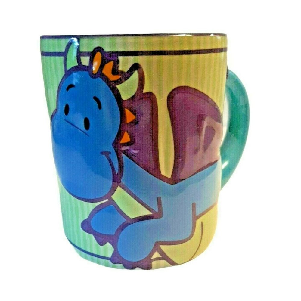 Kids Dragon Dinosaur Coffee Tea Mug Gund Embossed Teal Green Purple Inside
